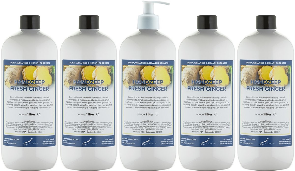 Handzeep Fresh Ginger 1 liter - set van 5 stuks - met gratis pomp - Voordeelverpakking