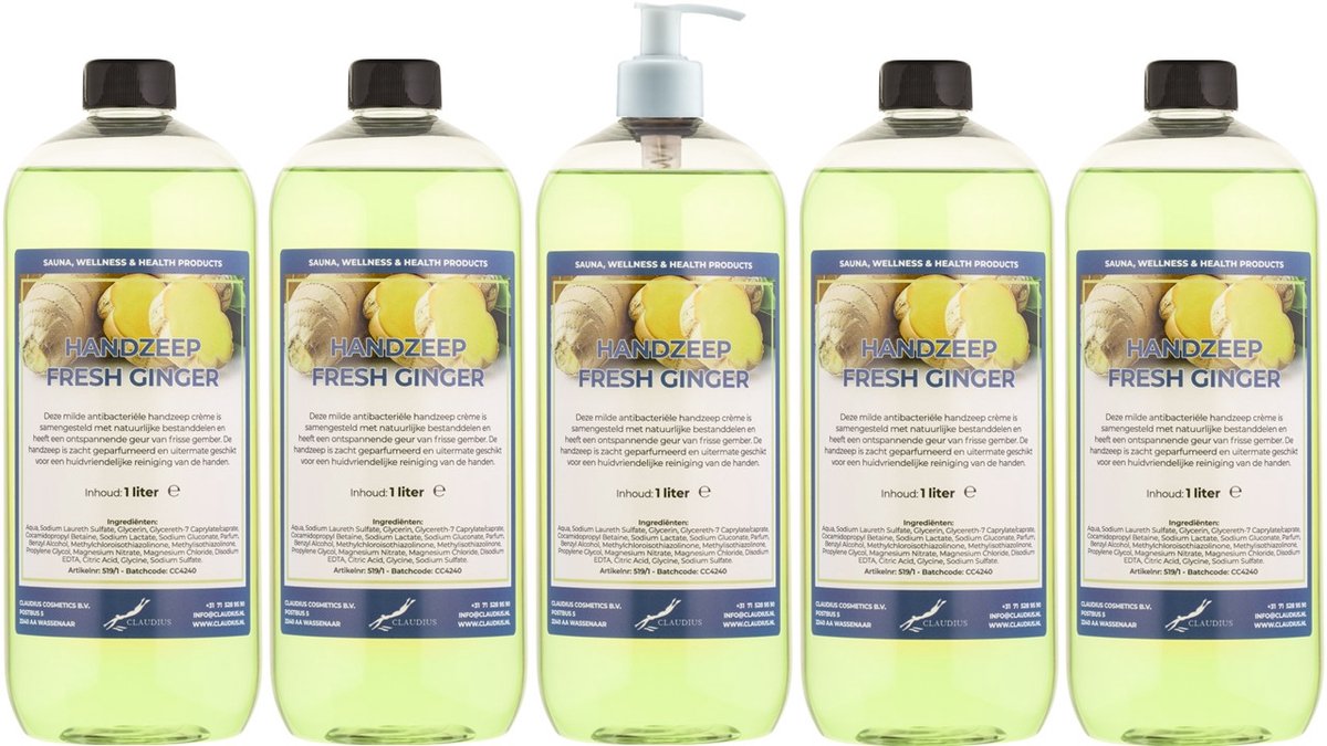 Handzeep Fresh Ginger 1 liter - set van 5 stuks - met gratis pomp - Voordeelverpakking