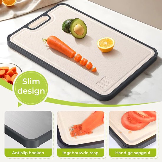 Slanke snijplank van tarwestro met wortel, avocado en citroen. Antislip hoeken, rasp en sapgeul.