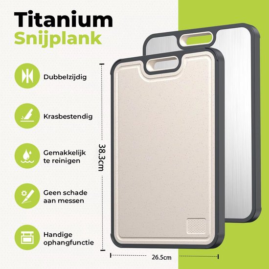 Titanium snijplank 38,3x26,5cm. Dubbelzijdig, krasbestendig, gemakkelijk te reinigen, geen schade aan messen, ophangfunctie.