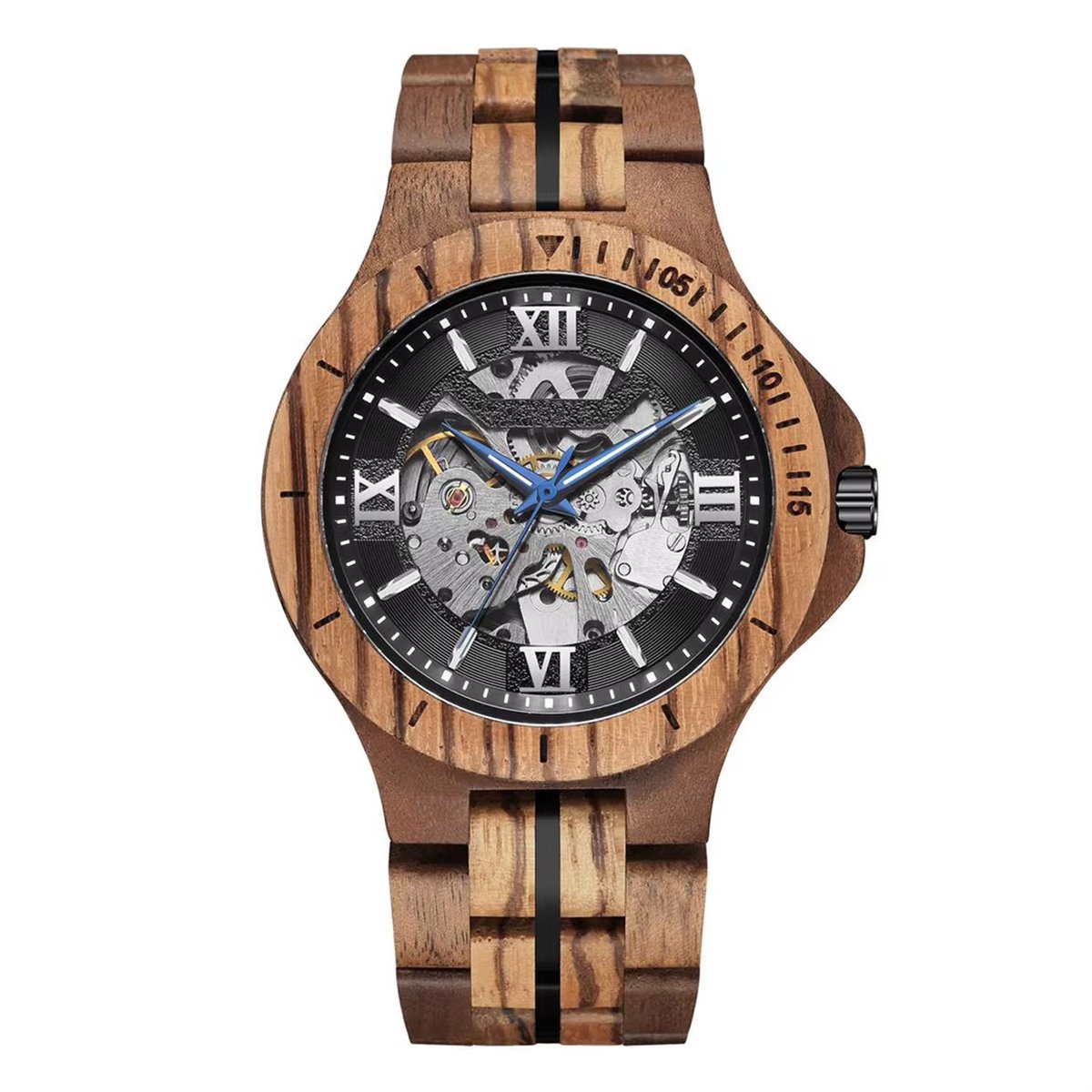 Wood Skeleton Horloge | Waterafstotend | Cadeau Giftbox | Hout & Zwart | Automatic Horloges | Automatisch Watchwinder | Skeleton Herenhorloge