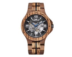 Wood Skeleton Horloge | Waterafstotend | Cadeau Giftbox | Hout & Zwart | Automatic Horloges | Automatisch Watchwinder | Skeleton Herenhorloge