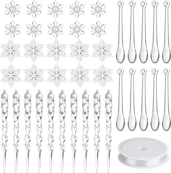 40 décorations pour sapin de Noël - Ornements de sapin de Noël - Ornements suspendus en forme de larme en acrylique transparent - 4 styles de pendentifs en cristal pour lustre de Noël - Pour centres de table - Lustre - Décoration de mariage