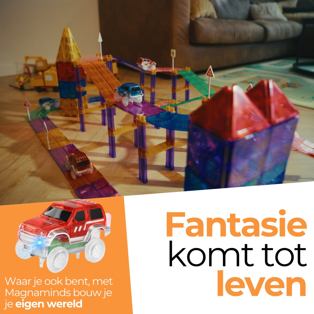 Magna Minds - Magnetic Tiles racebaan - Zelfrijdende auto - Magnetisch Speelgoed – 78 stuks - Constructie speelgoed - Magnetische tegels - Montessori speelgoed - Magnetic toys - Magnetische bouwstenen - Speelgoed Kinderen — afbeelding 4