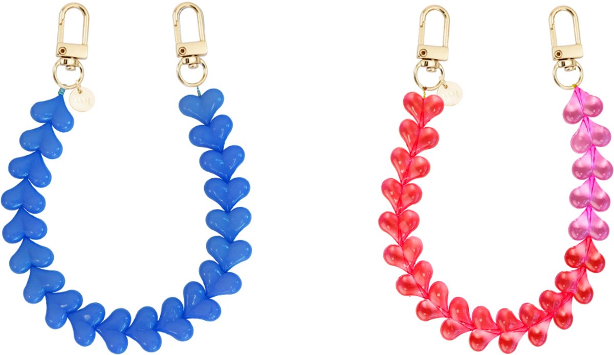 xoxo Wildhearts Telefoonkoorden Funky Hearts Charm Cord Denim Blue + Funky Hearts Transparant Roze & Rood – geschikt voor iPhone / Samsung