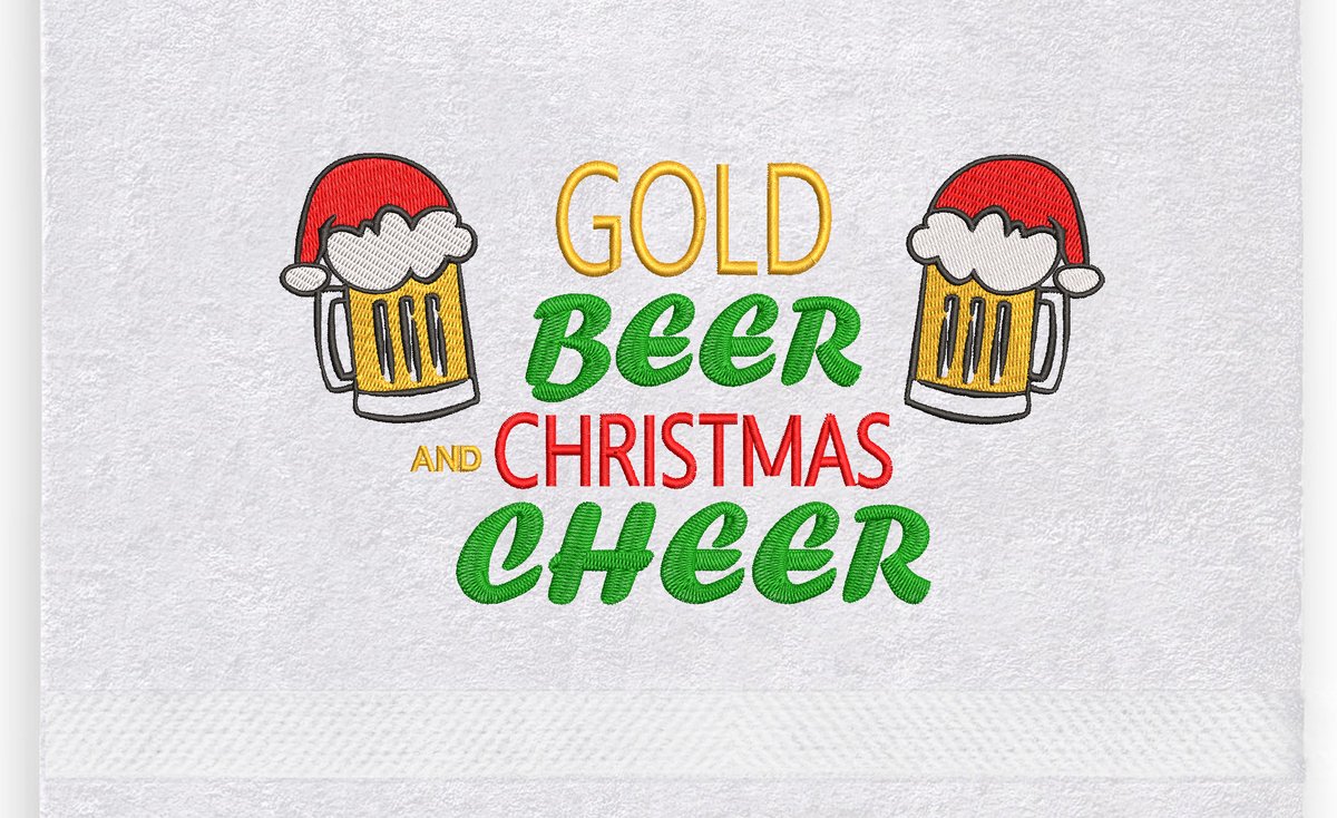 Kersthanddoek – Bier – Humor – Geborduurd – 50x100 cm – Wit – Gold Beer and Christmas Cheer – Kerstcadeau voor bierliefhebber