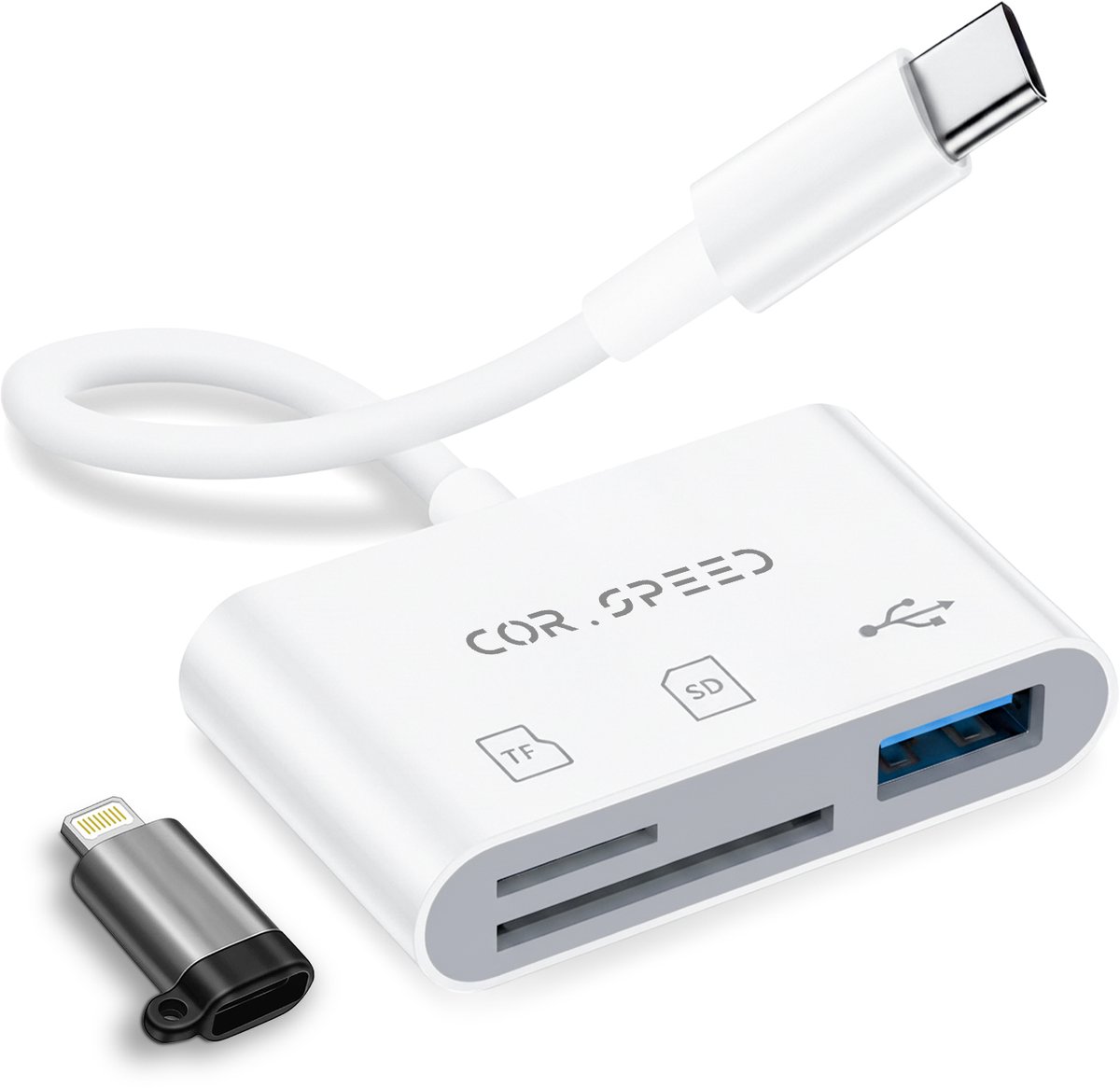 Cor.Speed SD Kaartlezer 3-in-1 - Voor lightning & USB-C - Universeel