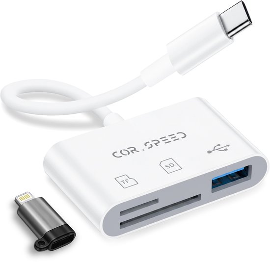 Lecteur de cartes Cor.Speed blanc avec câble Lightning/USB-C et clé USB.