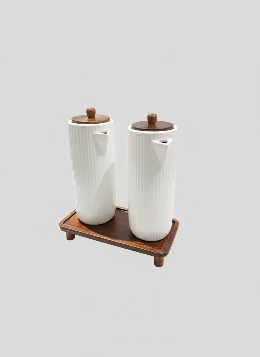 Keramische Olie- & Azijnset – 2 stuks – 400 ml per fles – Met houten deksel – Olie en azijn fles – Wit – Keuken accessoires