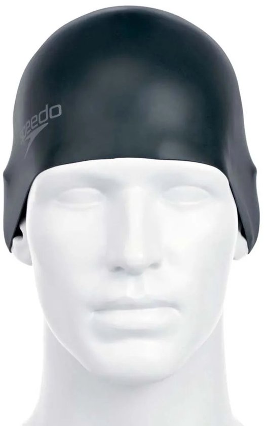 Grijze Speedo badmuts met logo op de voorkant, op een witte paspop.