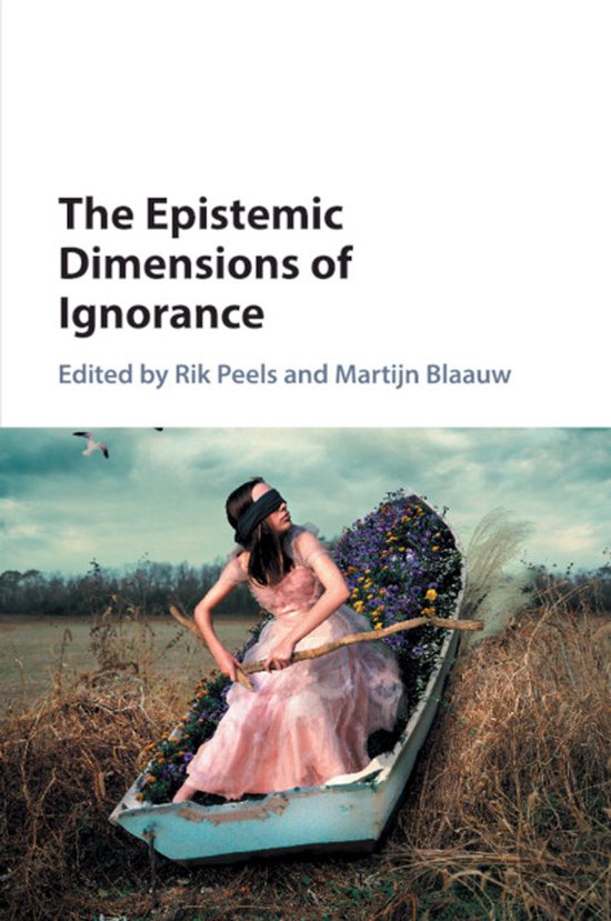 Boek 'The Epistemic Dimensions of Ignorance' met geblinddoekte vrouw in roze jurk in boot vol bloemen.