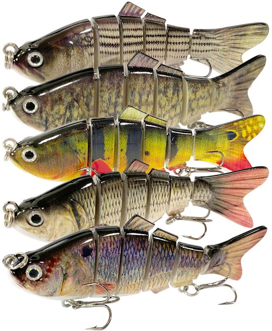 Cinq leurres de pêche détaillés de différentes couleurs avec des yeux 3D et des écailles réalistes.