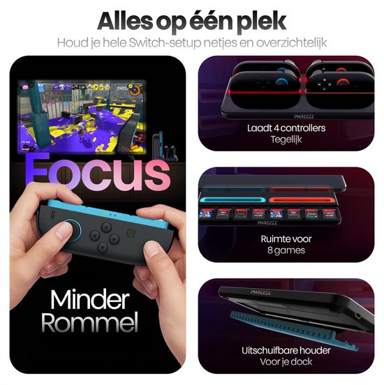 Oplaadstation voor 4 controllers en opslag voor 8 spellen. Een Switch 2 console wordt getoond met een spelscherm en een controller in de hand.
