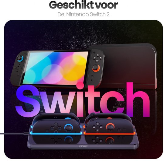 De Nintendo Switch 2 in de docking station, met twee controllers die worden opgeladen op de basis. Gekleurde LED-verlichting aan de onderkant.