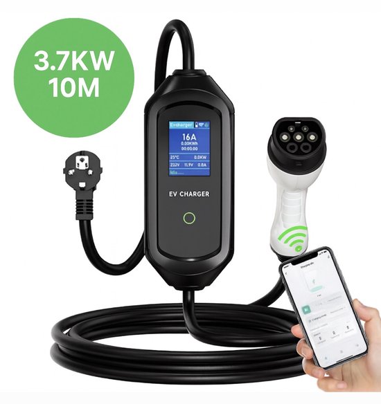 Chargeur mobile Bar2Charge 3,7 kW Type 2 – 10 m – Prise murale – Fonction application – 6 A-16 A réglable – Mémoire et charge différée – IP65 – Sac inclus