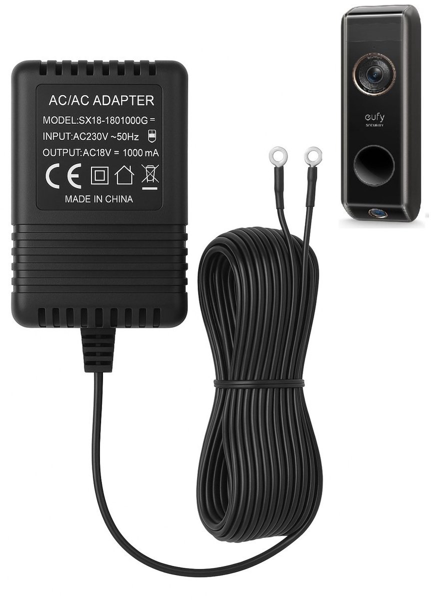 Adapter geschikt voor Eufy deurbel - Universele Beltransformator – 18V 1A (18VA) – AC/AC – 8 Meter Kabel - Adapter - €27,99