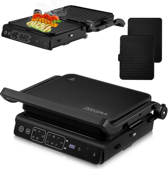 Zeegma Grill Master Elektrische Contactgrill - 2000W - Antiaanbakplaten - Afneembare Platen - Timer - Thermometer met Sonde - 10 Automatische Programma’s - Manuele Modus - Steak, Vis, Groenten, BBQ - Verstelbare Helling - Onafhankelijk Warmte