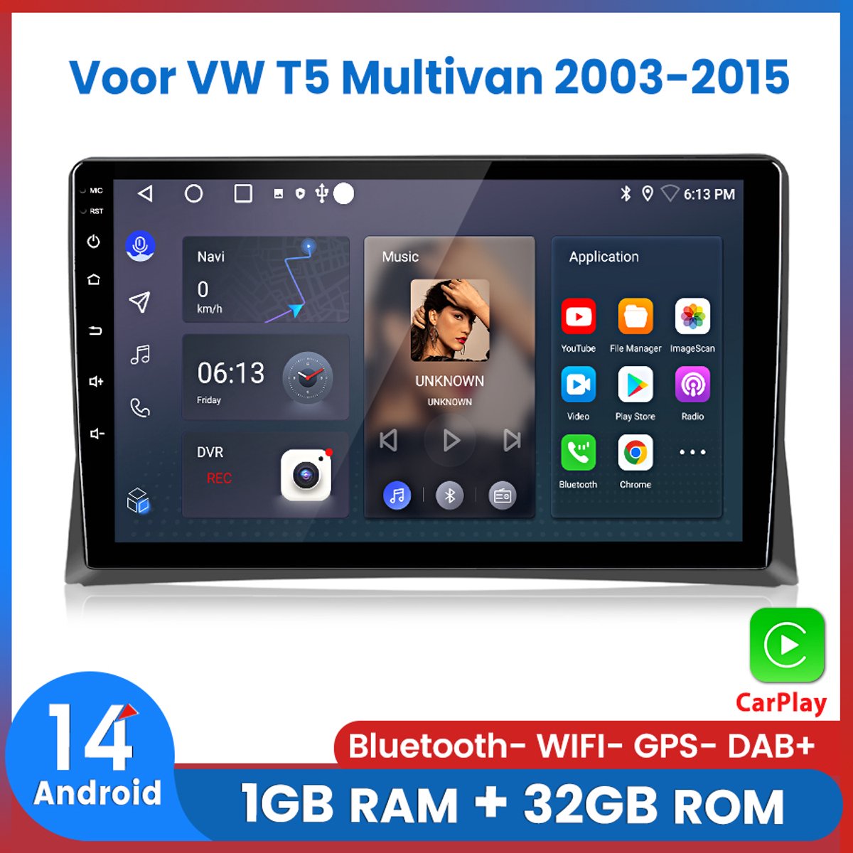Awesafe Autoradio - Draadloos Apple CarPlay Android Auto - Geschikt Voor VW Volkswagen T5 Multivan 2003 t/m 2015 - 1GB+32GB - Autoradio met navigatie GPS - Radio Scherm