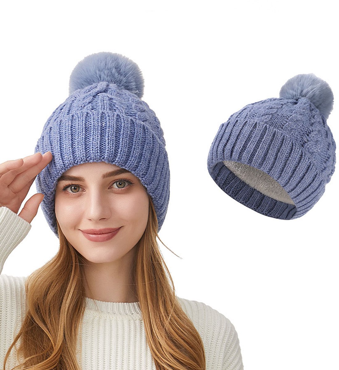Dikke gebreide muts met grote hoofdband, oorkleppen en pompons - warme wintermuts voor buiten - blauw