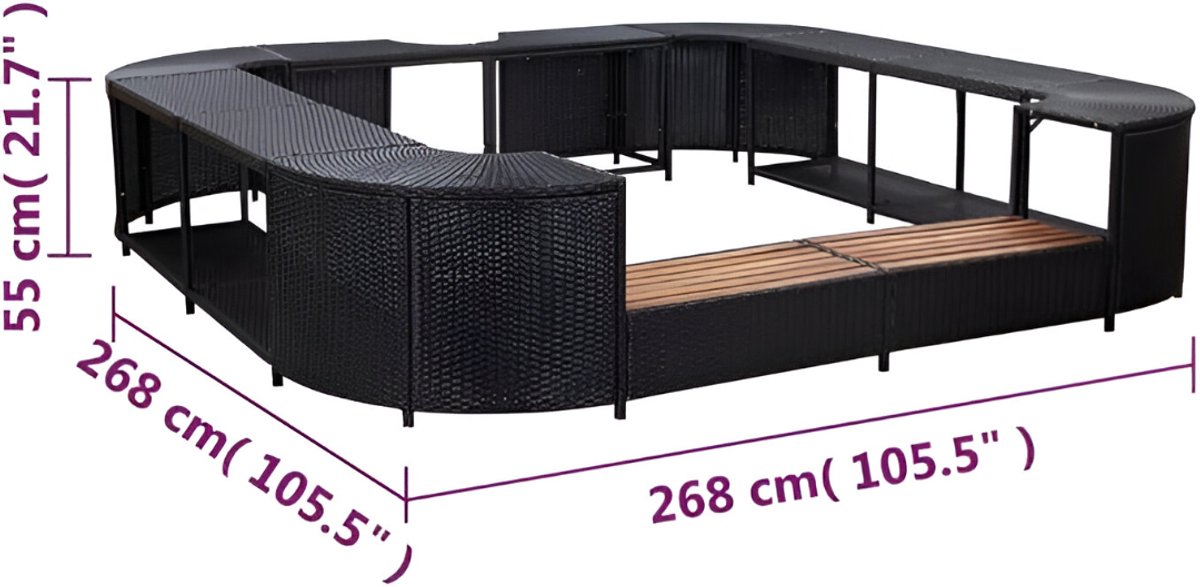 Whirlpool Omranding Vierkant Novihome met 2 Houten Spa-treden – Luxe Zwembadomranding Zwart 268x268x55 cm, Duurzaam Polyrotan & Acaciahout, Onderhoudsarm en Weerbestendig