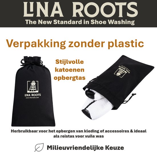 Sac de rangement noir en coton avec logo Lina Roots, et un sac de lavage blanc avec des chaussures à l'intérieur.