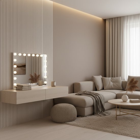 Witte Hollywood spiegel met 15 LED lampen, aan de muur bevestigd in een woonkamer.