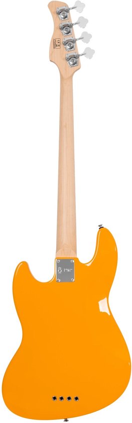 Achterkant van een oranje elektrische basgitaar met lichte houten nek en zilveren klep.