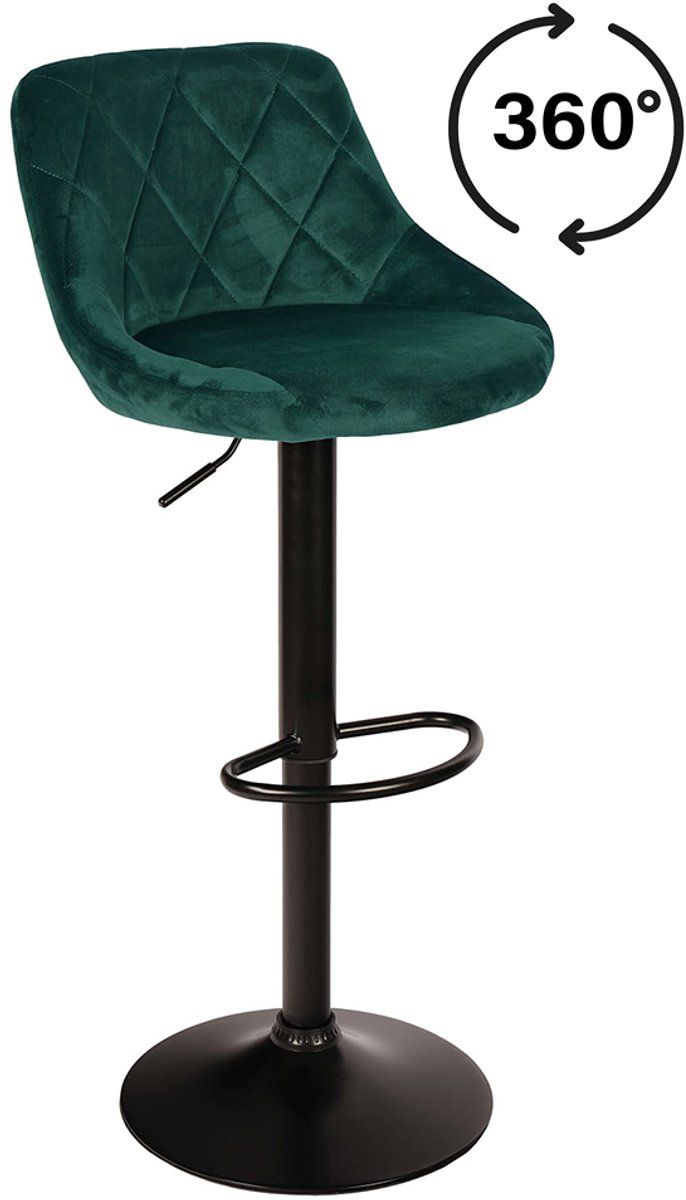 AZ Home - Barkruk Roma Groen - Set van 2 - Velvet Groen, Rugleuning, Modern Design, Hoogte Verstelbaar, 360° Draaibaar, Max. 120 kg