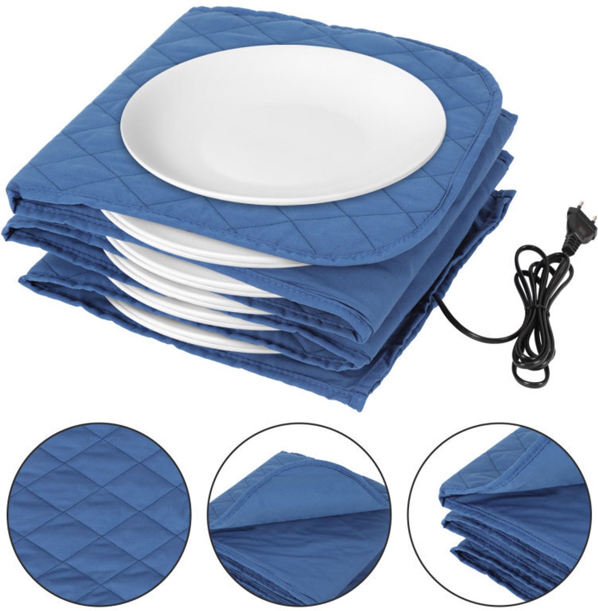 XXL Elektrische bordenwarmer - 34x30x3cm - Voor maximaal 12 borden met 32 cm diameter - Wasbare Hoes - Warmhoudplaat -Katoen - Blauw