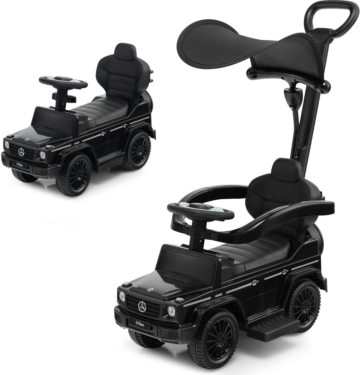 COSTWAY Mercedes Benz Glijauto, 3-in-1 glijbaan met zonnedak, opbergruimte en afneembare beschermbeugel en duwstang, glijvoertuig met motorgeluid en claxon, voor kinderen vanaf 1 jaar (zwart)