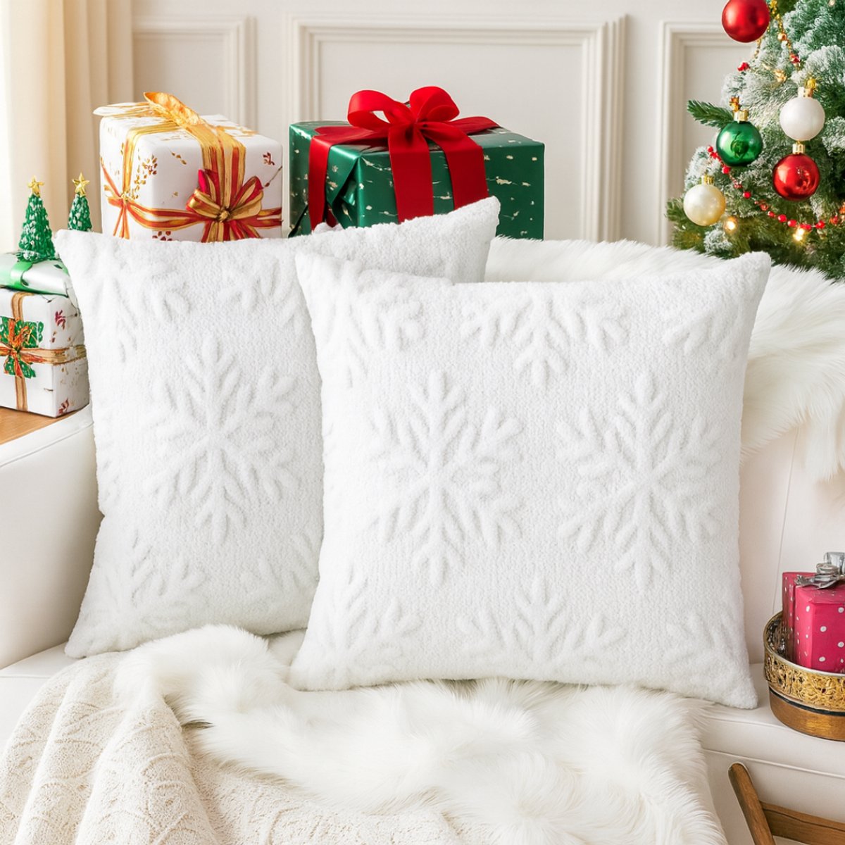 Twenty4seven® Kussensloop 45x45 cm - Set van 2 Kussenslopen - Kussenhoes met Witte Kerstbomen - Kerstdecoratie voor Bank