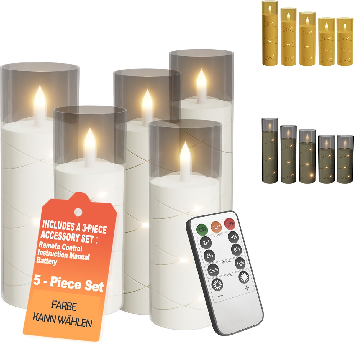 LED-kaarsen met ingebouwde lichtslinger, Vlamloze kaarsen, Op batterijen met afstandsbediening, Timer, Elektrische kaarsen, Boekenplank, Kerstmis, Woonkamerdecoratie, Set van 5 - Transparant