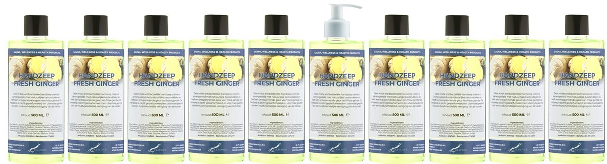 Handzeep Fresh Ginger 500 ml - set van 10 stuks - met gratis pomp - Voordeelverpakking