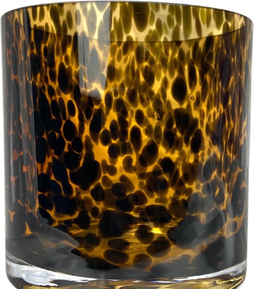 Waxinelichthouder Celtic | Cheetah - Luipaard | Bruin - Zwart | mond geblazen glas | Ø12 x H12 cm