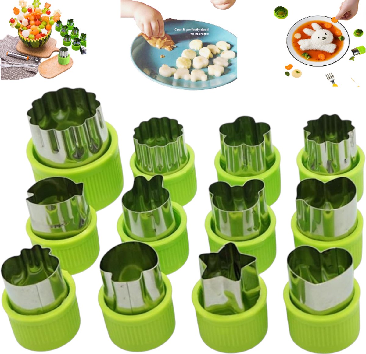 12 stuks - RVS Bloemensnijder - Groente- en Fruitsnijder - Groentesnijder Vormset - Mini Koekjessnijder - Kinderkoekjessnijderset - Bloem, Ster, Hart, Dier, Kindervoedsel Vorm Stempels - Leuke Fruitsnijder Lunchbox Accessoire - Perfect voor de Kinder