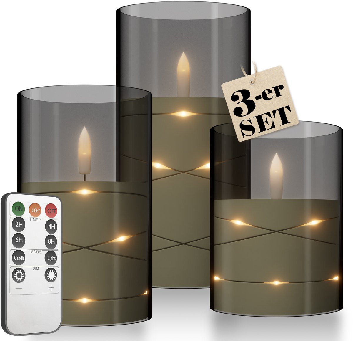 Set van 3 LED-kaarsen met lichtsnoer Vlamloze kaarsen met afstandsbediening Stompkaarsen met timerfunctie Elektrische kaarsen Flikkerende vlam voor tafeldecoratie Badkamerdecoratie Woonkamerdecoratie - Matgrijs