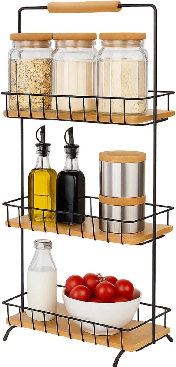 Lomera Keukenrek Met 3 Schappen - Metaal En Bamboe - Duurzaam Bamboehout - Licht Metaal - Keuken Organizer - Aanrecht Organizer - Staand Keukenrek - Ruimtebesparend Keukenrek - Opbergrek Keuken - Kruidenrek - 3-Laags Keukenrek