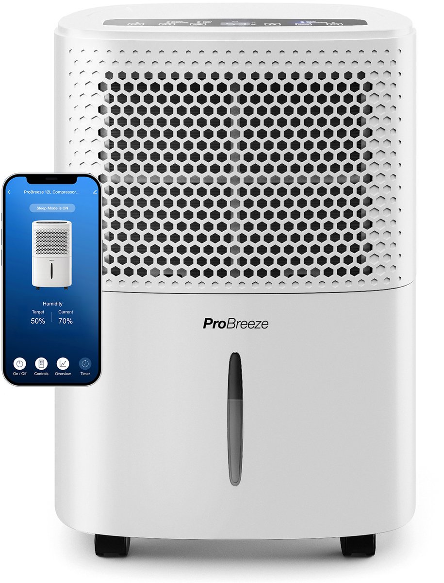 Pro Breeze 12L/dag Luchtontvochtiger – Digitale Vochtigheidsweergave, Slaapmodus, Continue Afvoeroptie en 24-uurs Timer – 1,8L Tank Verwijdert Schimmel, Vocht en Condens – Ontvochtiger voor Thuis, Garage en Kelder – Slimme App-bediening
