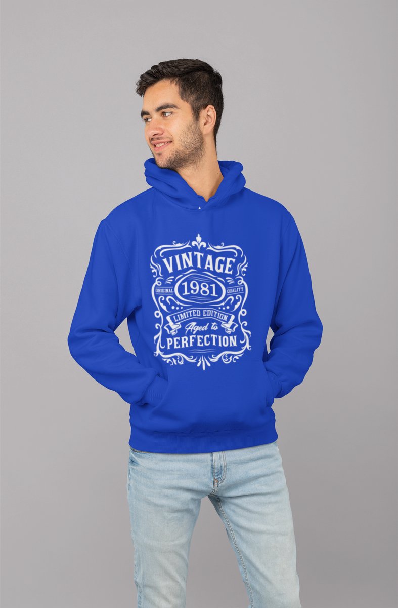 1981 Jaar Blauw Hodie - Maat L - Vintage Aged To Perfection - Verjaardagscadeau - Limited Edition