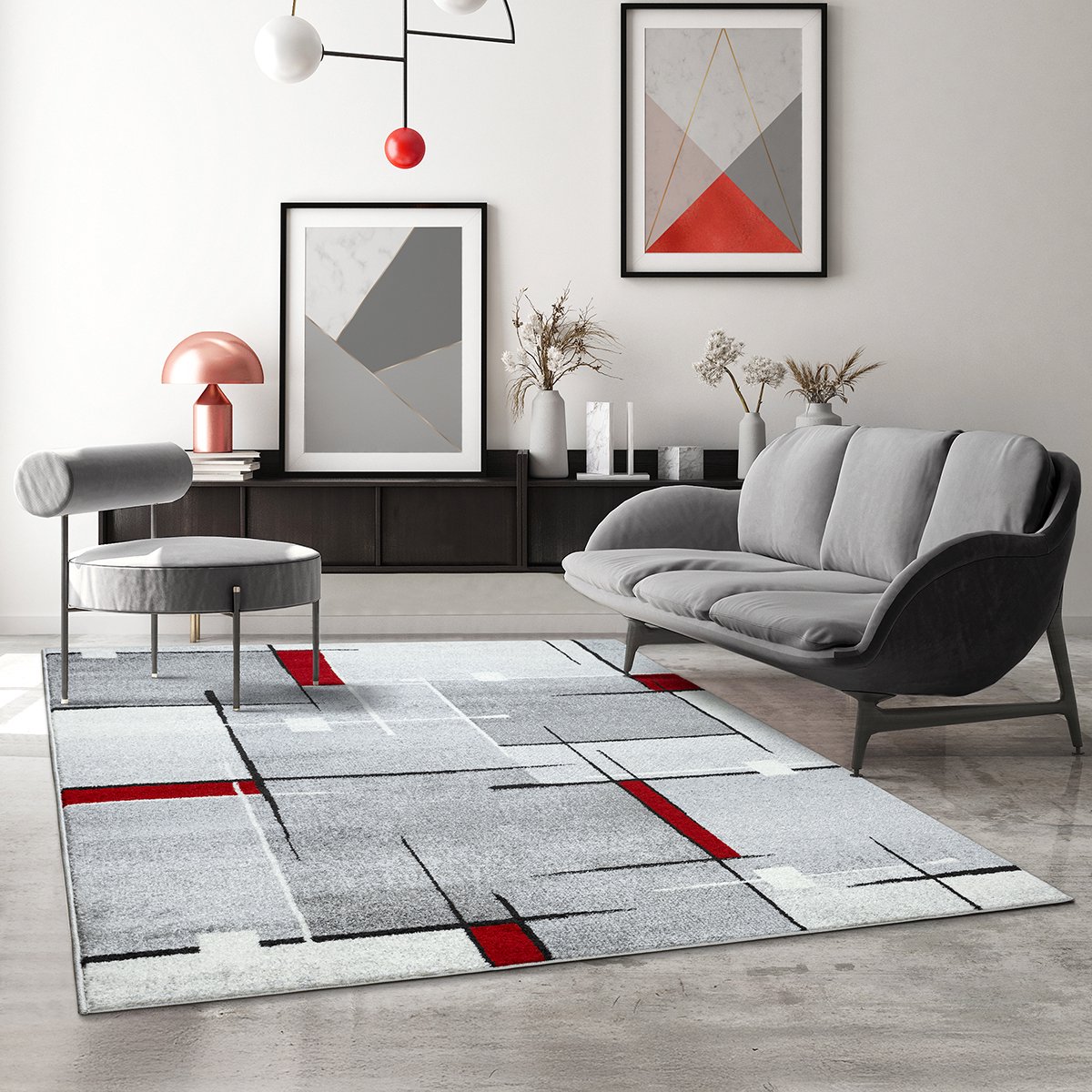 Mia’s Teppiche Modena – moderne korte pool woonkamer & slaapkamer vloerkleed, contour gesneden, grijs rood contour, 200 x 280 cm
