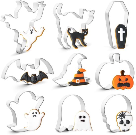 Set van 9 Halloween-koekjesvormpjes- metalen Halloween-vormpjes van roestvrij staal- pompoen- spook- vleermuis- zwarte kat- heksenhoed- schedel- doodskist