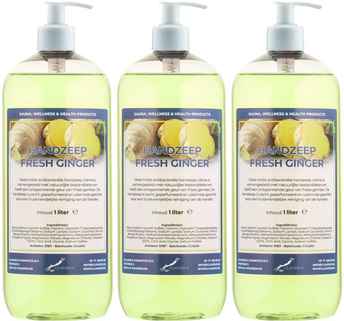 Handzeep Fresh Ginger 1 liter - set van 3 stuks - met gratis pomp - Voordeelverpakking