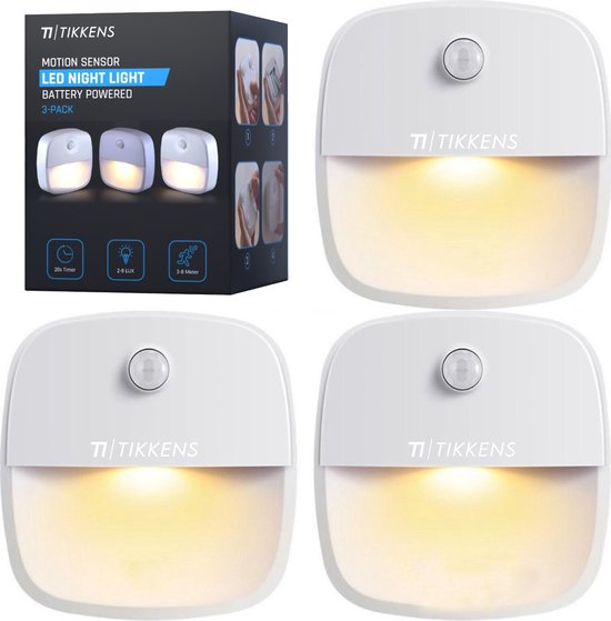 TIKKENS® Nachtlampje met Bewegingssensor - 3 Stuks - LED Kastverlichting en Trapverlichting met Sensor - Draadloos op Batterij