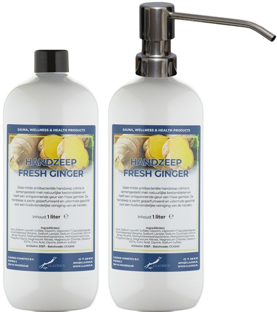 Handzeep Fresh Ginger 1 liter - set van 2 stuks - met gratis RVS zilverkleurige pomp - Voordeelverpakking