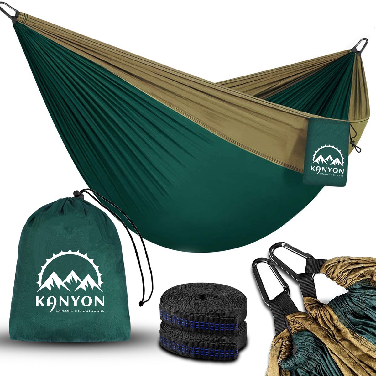 Bol.com Kanyon Hangmat - incl. Karabijnhaken en Riemen - licht parachutestof - 260 x 140 cm - tot 200kg - Groen/Khaki aanbieding