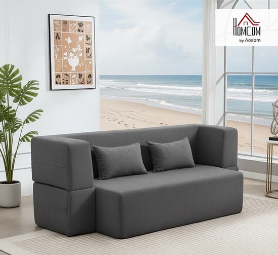 Canapé-lit 2 places et canapé de sol de Luxe – Canapé pliant confortable avec larges accoudoirs, 2 Coussins et rembourrage en mousse épaisse – Canapé moderne en chenille haute capacité (360 kg) – Grijs
