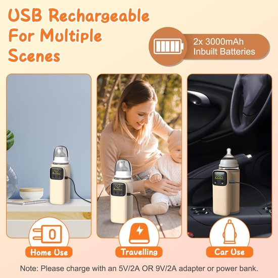 Draagbare babyflessenwarmer - 6 temperatuurstanden voor snel verwarmen - met nachtlampje - geschikt voor de meeste flessen - oplaadbaar en lekvrij - perfect voor gebruik in de auto, luiertas en op reis 's nachts - 1 pack — afbeelding 4