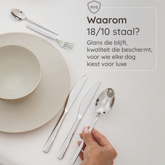 Set zilverkleurige bestekonderdelen van 18/10 edelstaal op een bord, met een hand die een lepel vasthoudt.