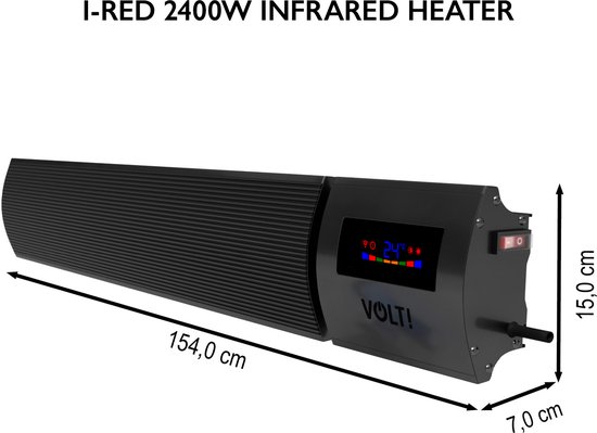 Zwarte infrarood terrasverwarmer van 154cm lang, 15cm hoog en 7cm diep, met digitale display en afmetingen vermeld.