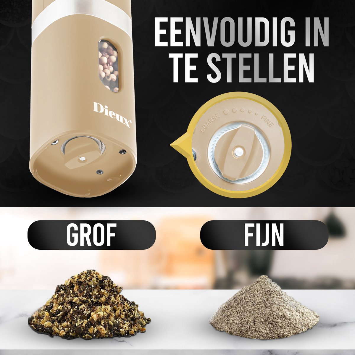 Dieux - Elektrisch Peper en Zoutmolen set - Beige - Pepermolen - Zoutmolen - 2 stuks - Instelbare maalgraad - Hervulbaar - Barbecue - BBQ accesoires - Luxe kwaliteit - Kruidenmolen — cadeau in Kookcadeaus - foto 3